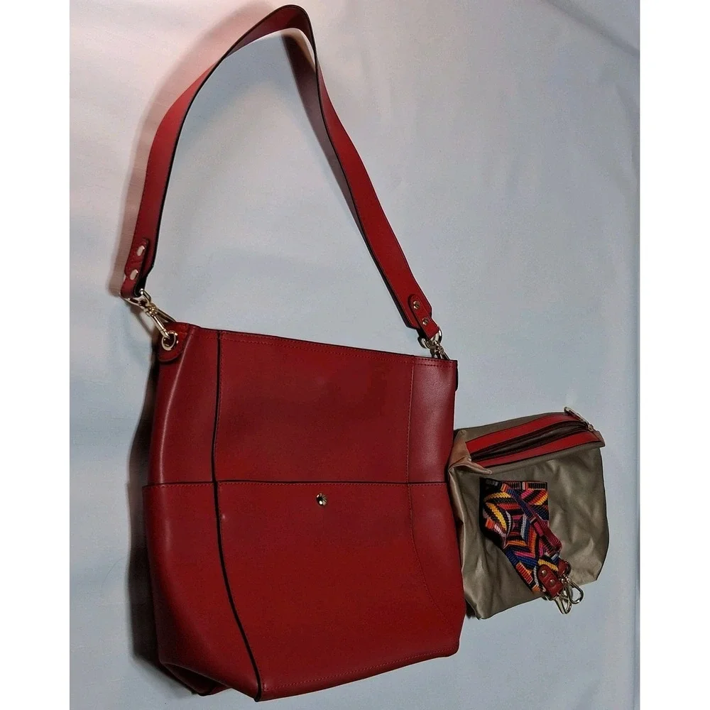 Bostanten Lotty Bright Red Cowhide Leather Hobo Tote Shoulder Bucket Bag +extras